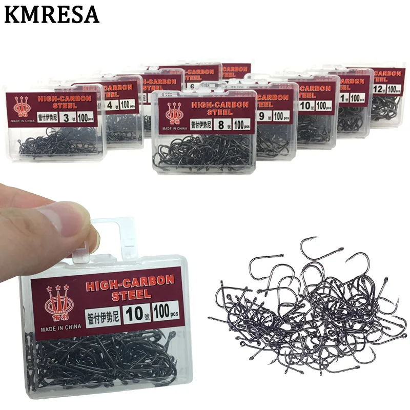 100Pcs High Carbon Steel Fishing Hooks  3 # -12 # Set in Fly Fishing hook Jig Barbed Wire With Hole For Fishing Accessory Pesca