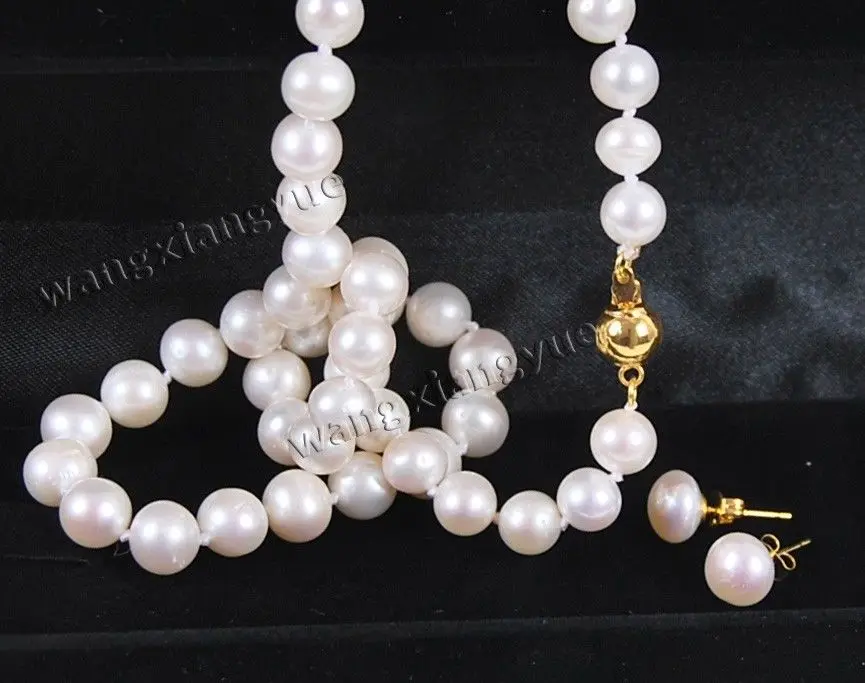 Genuine Natural 8-9MM White Akoya Cultured Pearl necklace earrings set AAA Grade