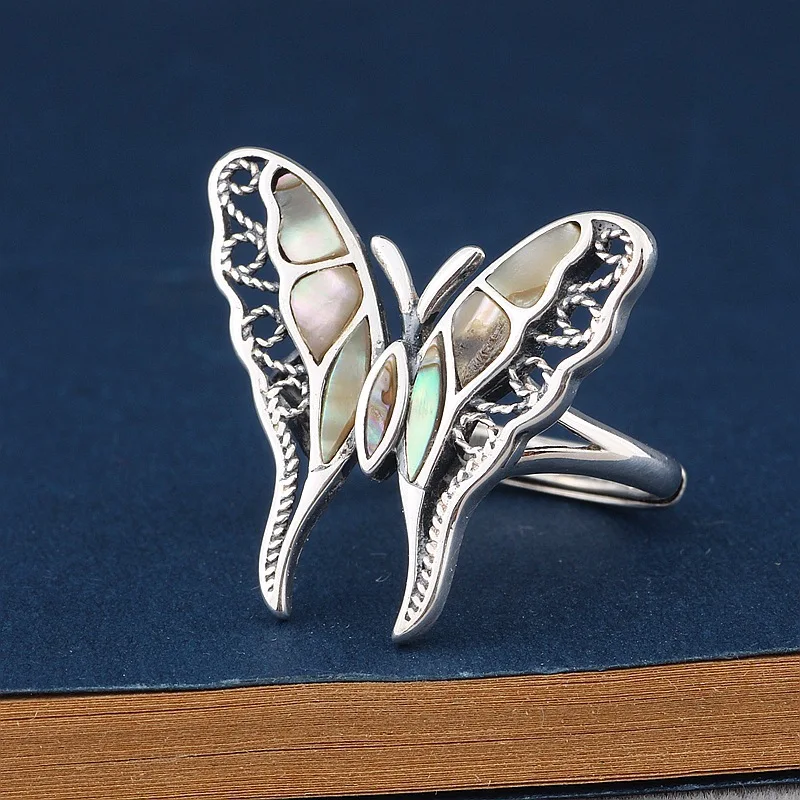 

Thai silver S925 silver jewelry wholesale Thailand Seiko butterfly ring opening new women's natural shell