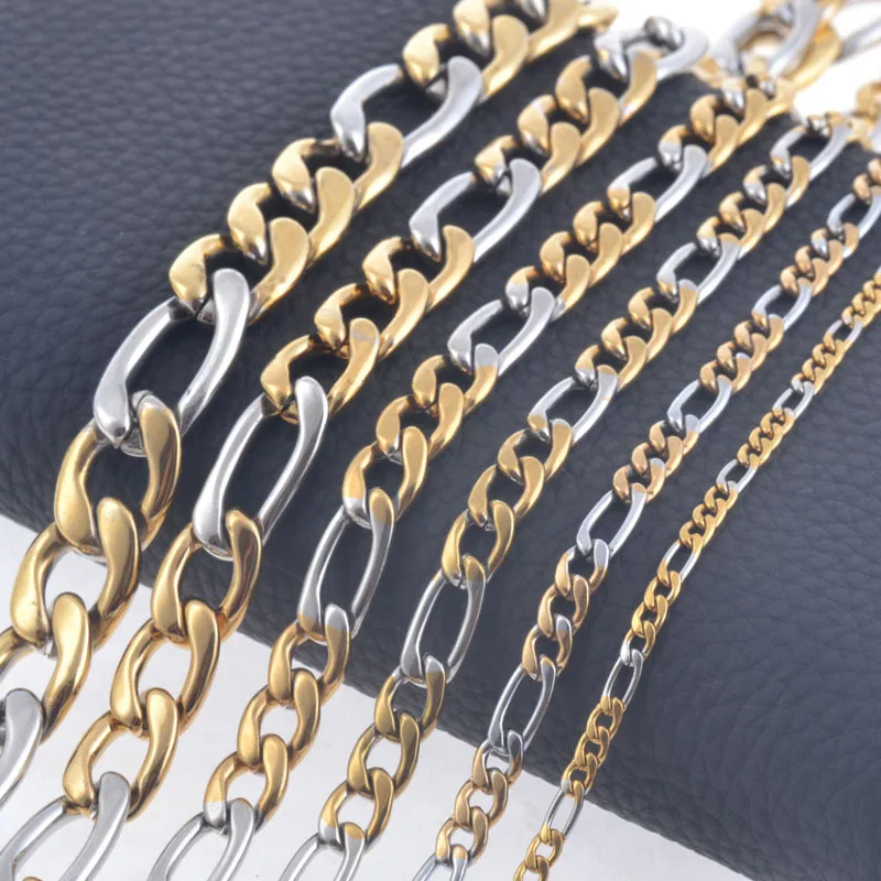 Width 3.0mm-7.5mm Statement Stainless Steel Necklace Vintage Figaro Chains Women Silver and Gold Color Tone Wholesale