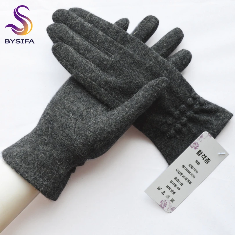 [BYSIFA] Winter Cashmere Wool Gloves Women New Soft Elegant Mittens Gloves Top Grade Thick Warm Touch Screen Ladies Gray Gloves