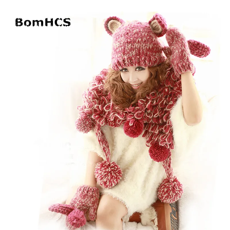 

BomHCS FUNNY Rabbit Ears Winter Warm Women's Beanie & Gloves & Scarf (3PCS) 100% Handmade Knit Hat Mittens