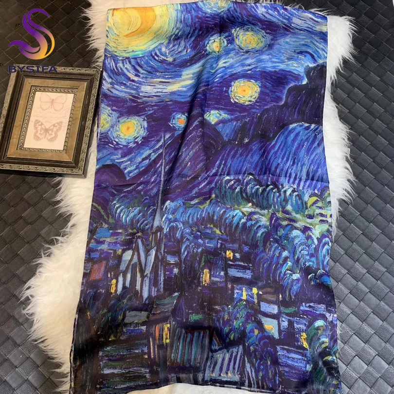 [Bysifa] Blauw 100% Zijde Sjaal Fashion Luxe Vrouwen Lange Sjaals Van Gogh Moon Star Olie Paiting Sjaals herfst Winter Sjaal