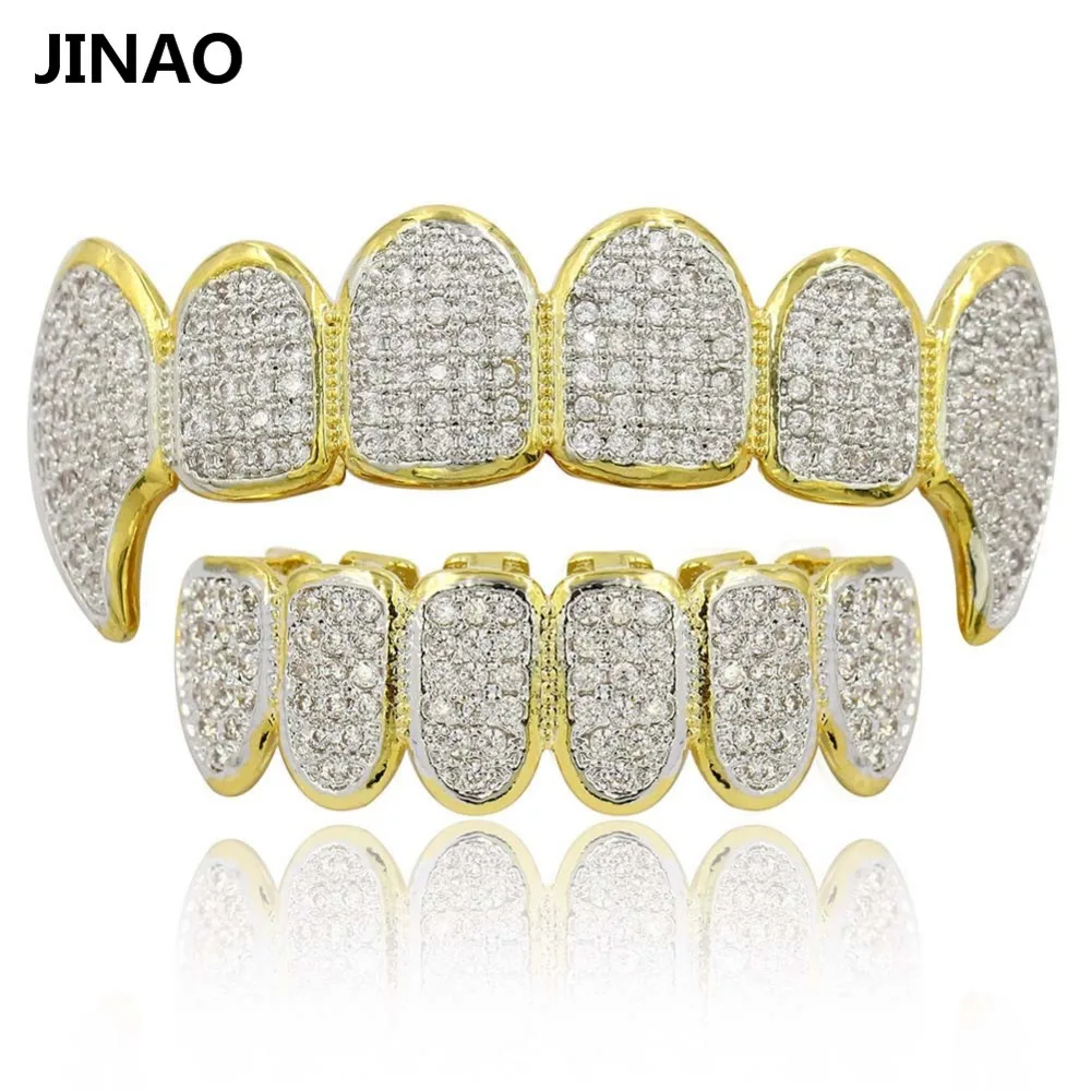 JINAO Gold Color Plated Hip Hop Micro Pave Zircon Teeth Grillz Caps Top&Bottom Men Women Vampire Fangs Grills set