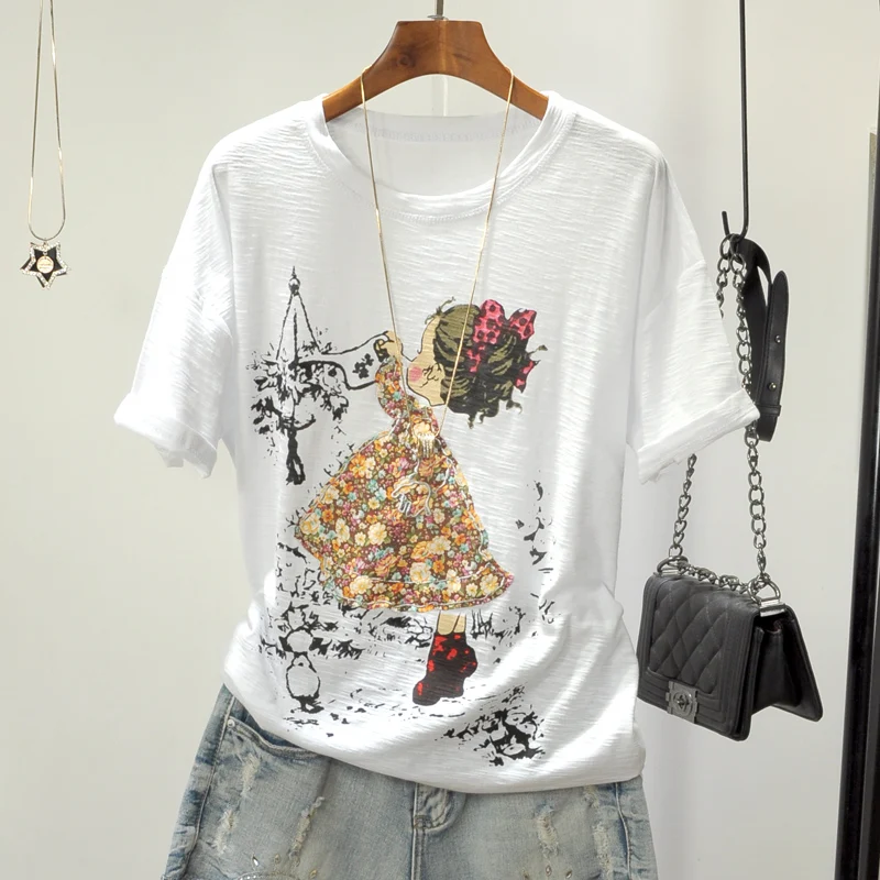 Zuolunouba estate inghilterra stile manica corta Tees top Cartoon Kawaii Girl Print Harajuku ricamo cotone o-collo T Shirt donna