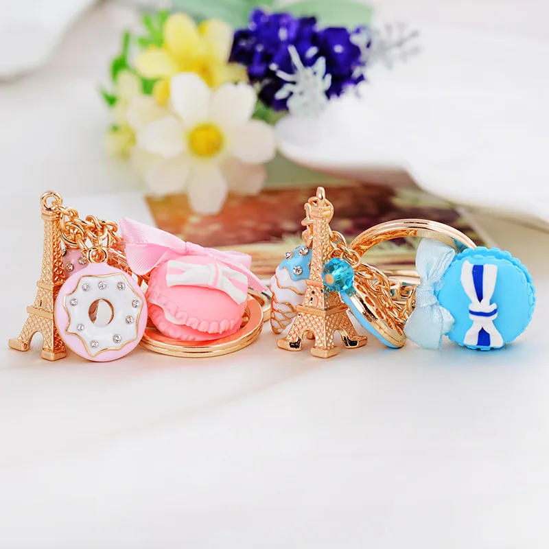 Creative Jewelry Macaron Cake Eiffel Tower Element Pendant Keychains Crystal Keyrings Charms Gift For Women