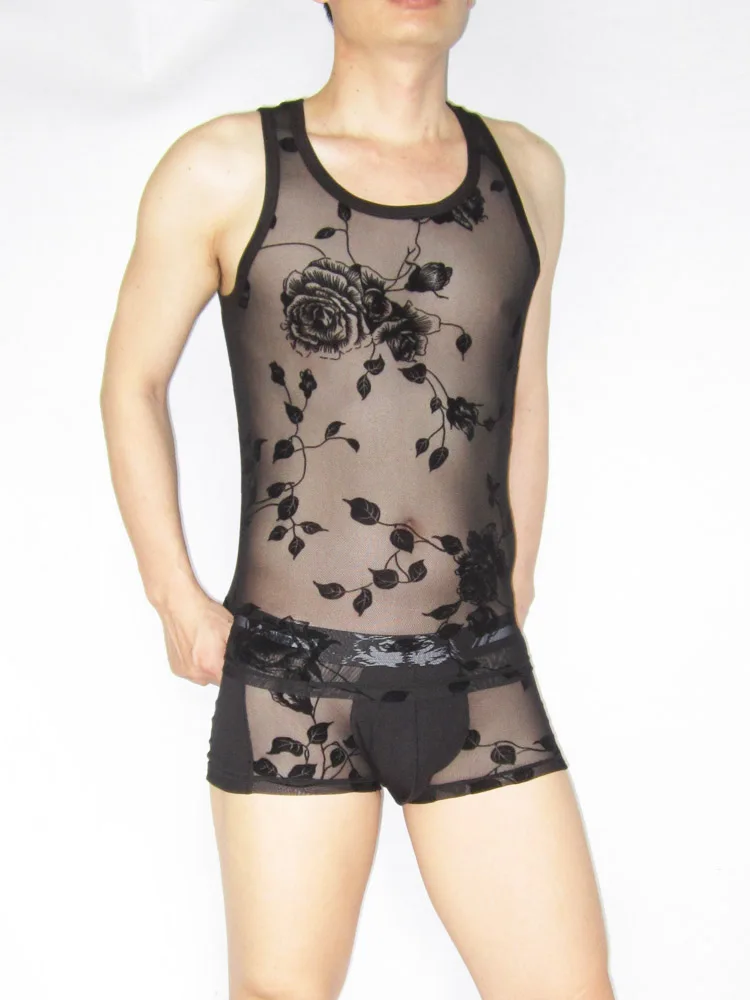 

Male transparent sleepwear sexy rose design gauze vest set sleepwear sleeveless tank tops and boxers set 1559