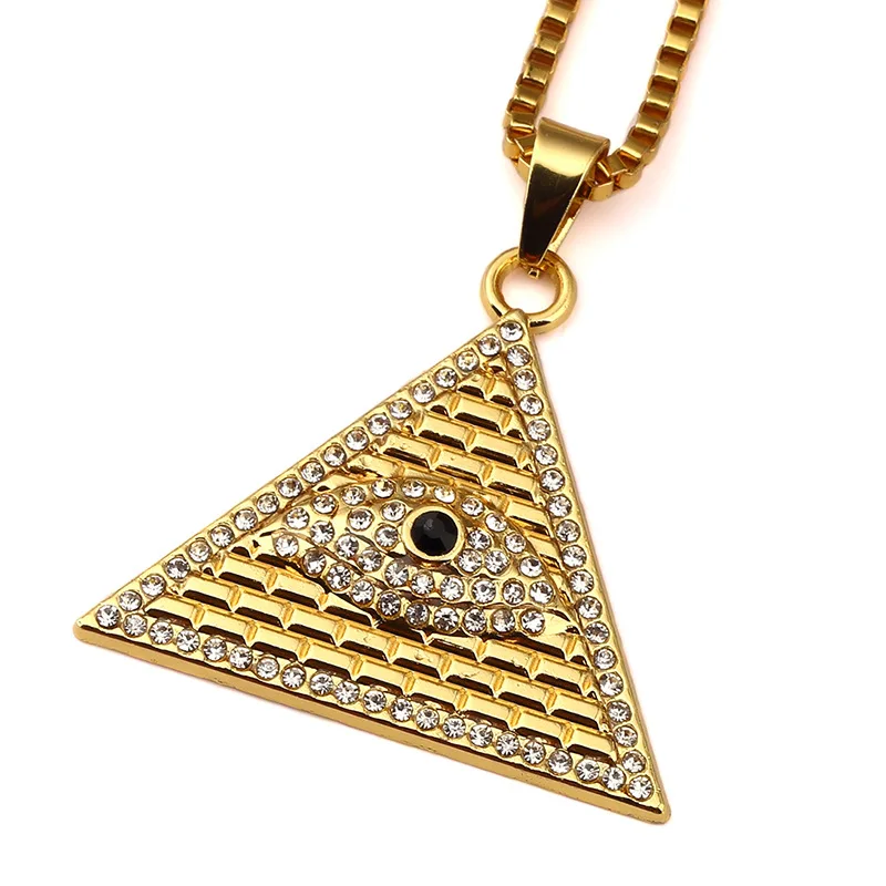 Golden Plated Egytian Pyramid Pendant Egyptian Eye Of Horus Necklace  with 23.6 inch Miami Cuban Curb Chain Hip Hop Necklace