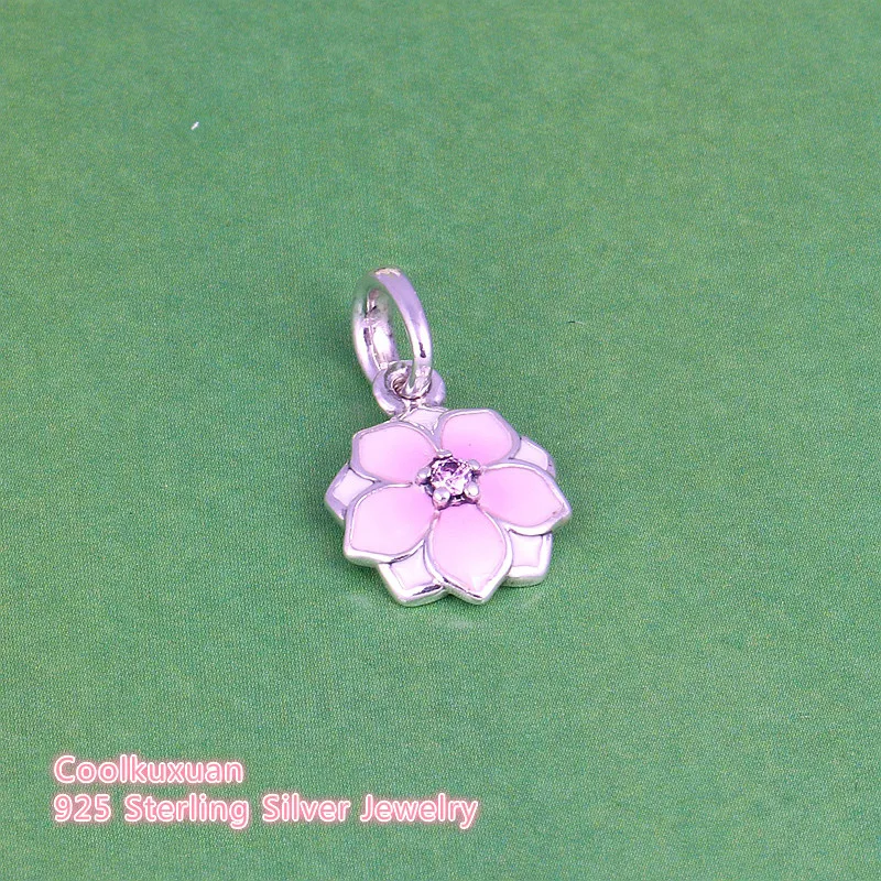 

Spring Enamel Magnolia Bloom Hanging Charm Original 925 Sterling Silver Pink CZ Stone Flower Beads Fits Pandora bracelets