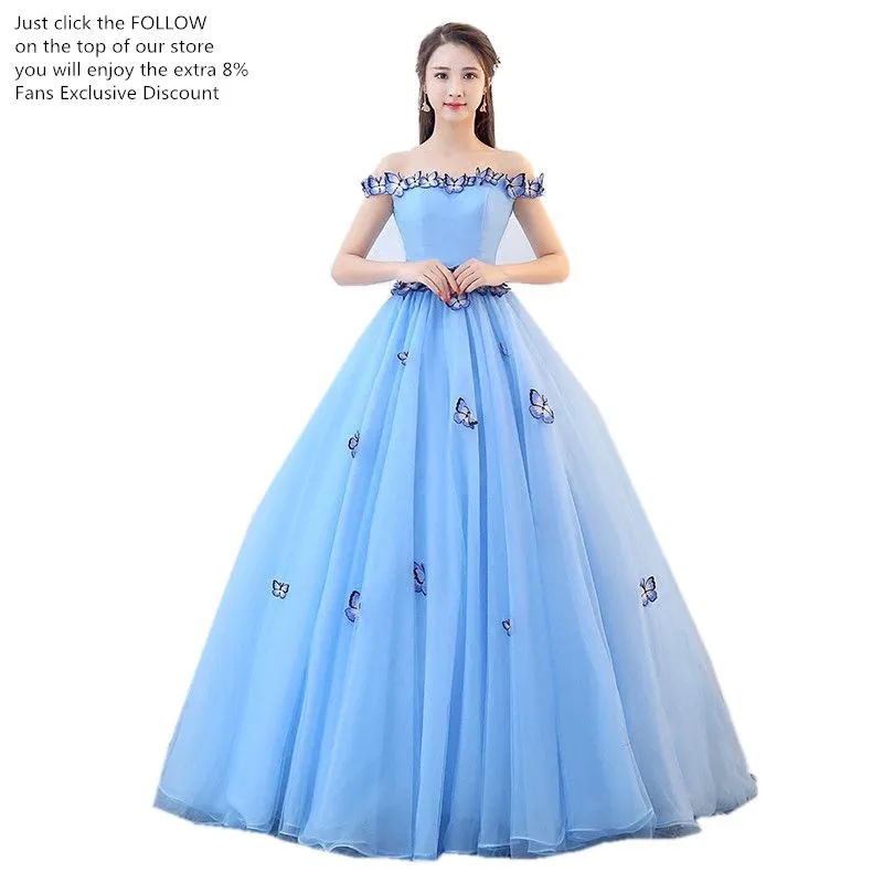 ruthshen Fairy Vestido Debutante Cheap Prom Gowns Light Blue Ball Gown Butterfly Quinceanera Dresses Simple Off The Shoulder