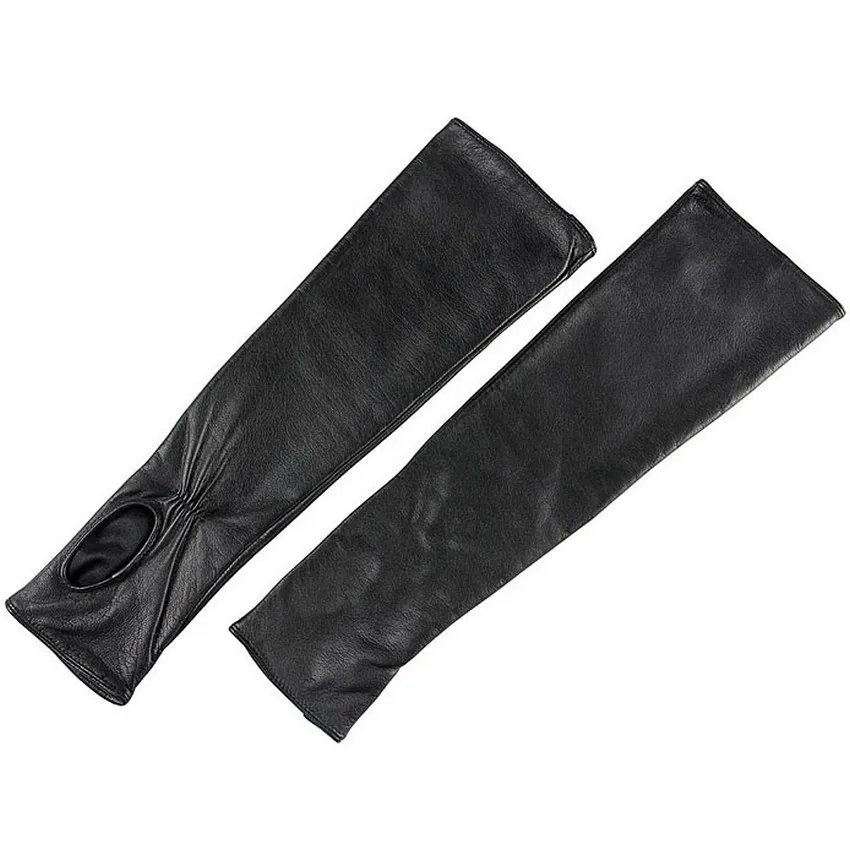 Guantes sin dedos de piel de oveja para mujer, manoplas largas de cuero genuino, cálidas, coderas, color negro, a la moda, en oferta, L070NN