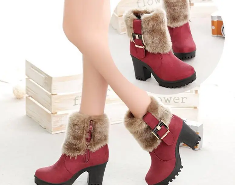 Fashion Women Casual Platform Female Suede Buckle Short Ankle Boots Shoes Block High Heels Winter Warm Faux Fur Snow Boots