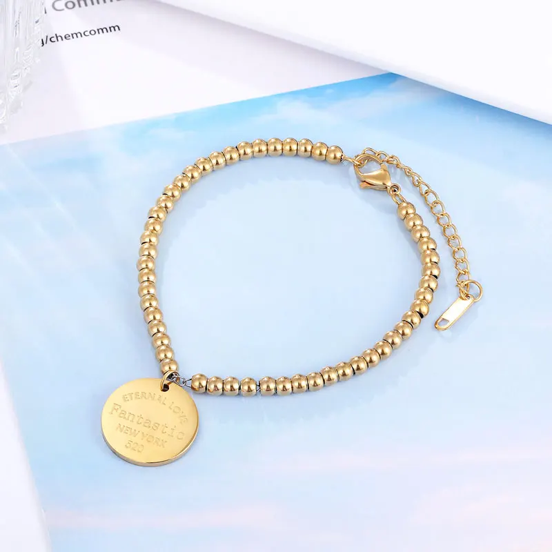 New Arrival Fashion Jewelry Round Charm Carving Fantastic Bead Bracelet Stainless Steel Gold Color Bracelet Love Gift For Woman