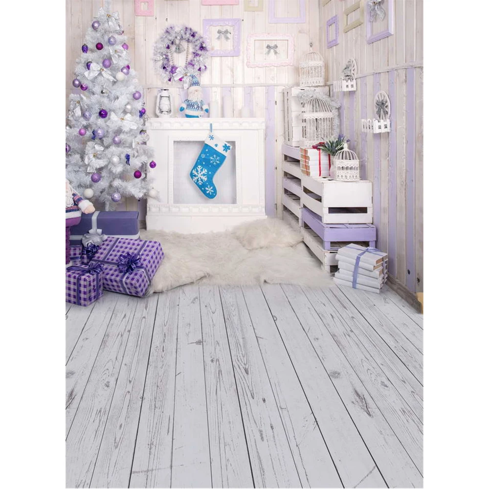 

Indoor Xmas Party Background Printed Garland Purple Balls Decorated Christmas Tree Presents Kids Photography Backdrop Wood Floor