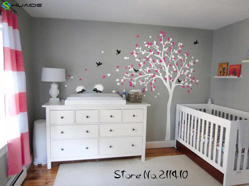 

Large Tree With Hedgehogs, Leaves, Birds, Blossoms Kids Wall Stickers home Decor Living Room Baby Nursery Wall Decals JW201A