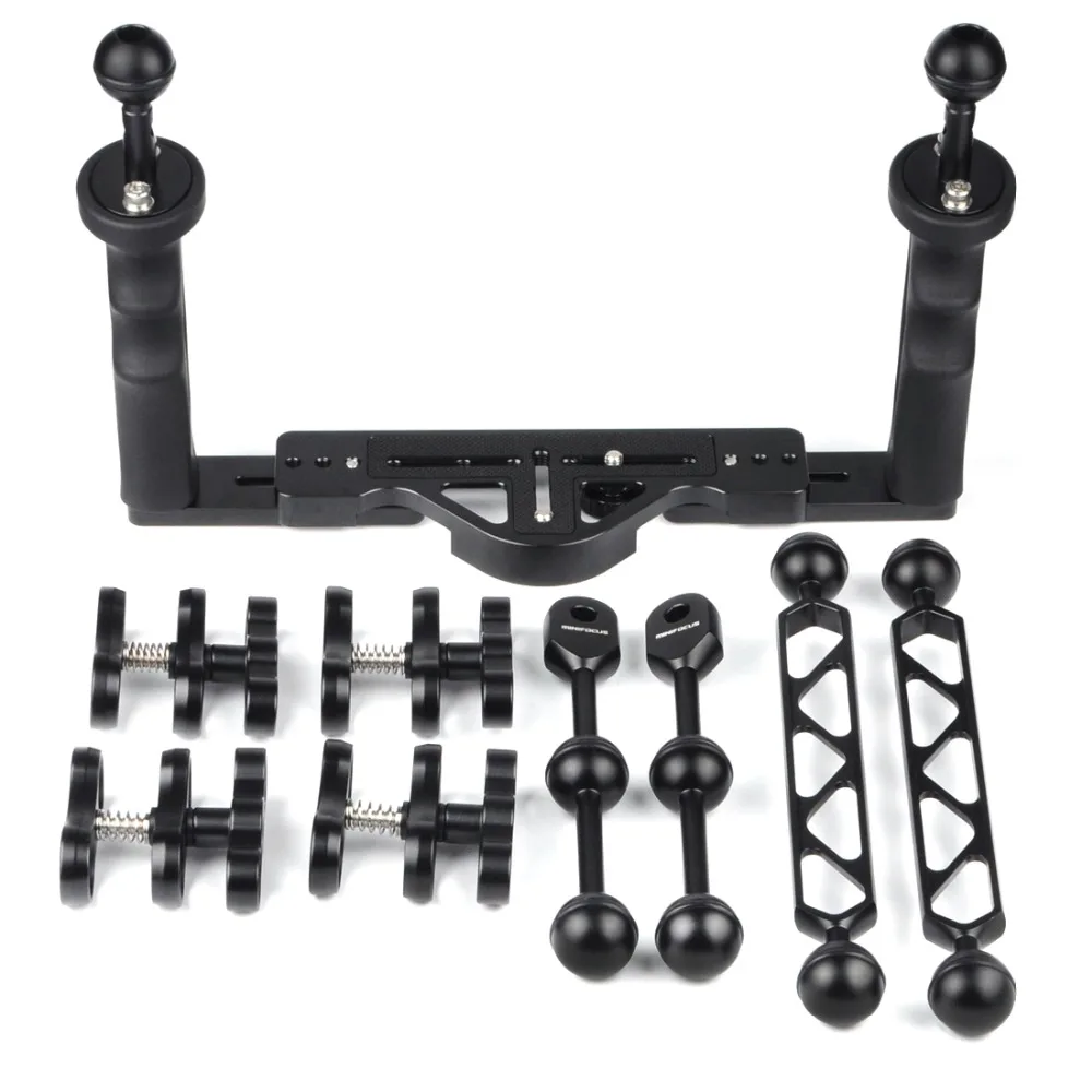 Dual Handle Handheld Stabilizer Diving Tray Grip W/ Double ball light arm and YS head ball Clip for Underwater Camera Housings