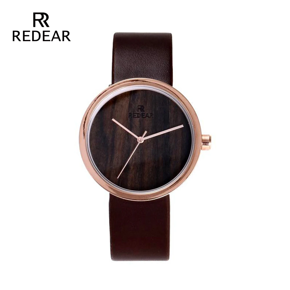 REDEAR 2019 Hot Sale Woman Watch Popular Rose Gold with Blackwood Surface Watch Fashion Dark Brown Leather Strap Wrist Watches