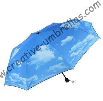 Summer parasol,three fold, blue sky design,hand open,windproof,supermini,pocket umbrellas,UV protecting,colour coating