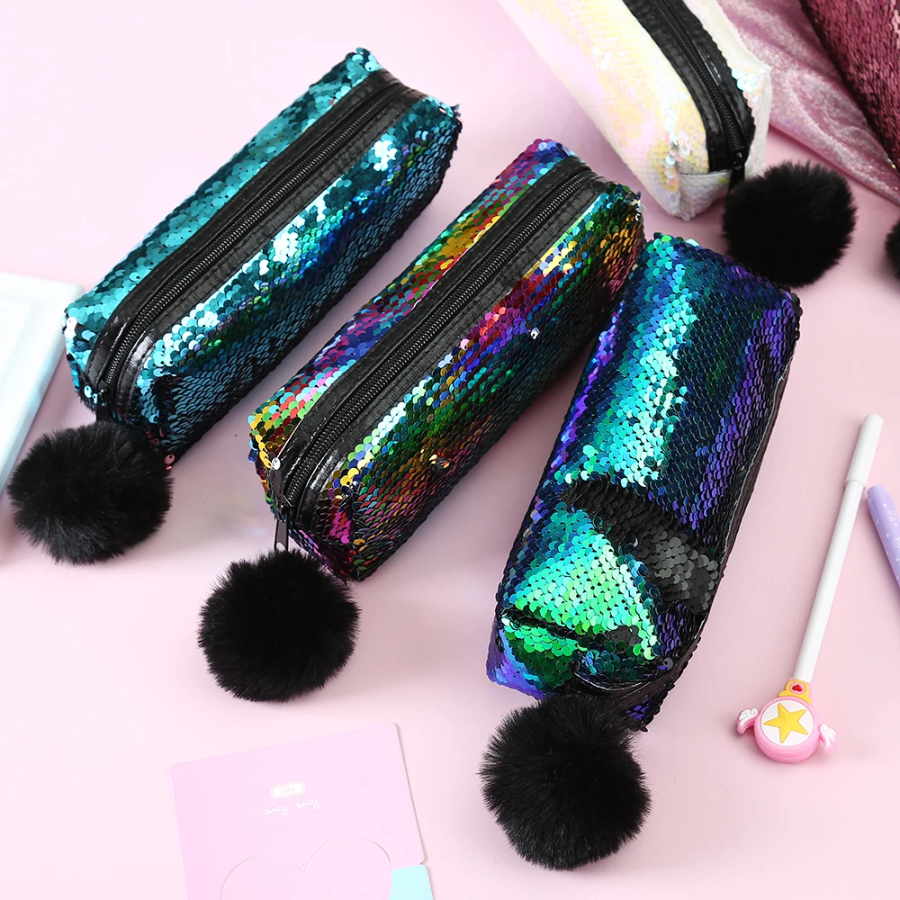 Hairball Cosmetic Bag School Sequins Pencil Case Cute Kawaii Purse Stationery Pencilcase Large Penal Travel Storage Bag Pouch Bo