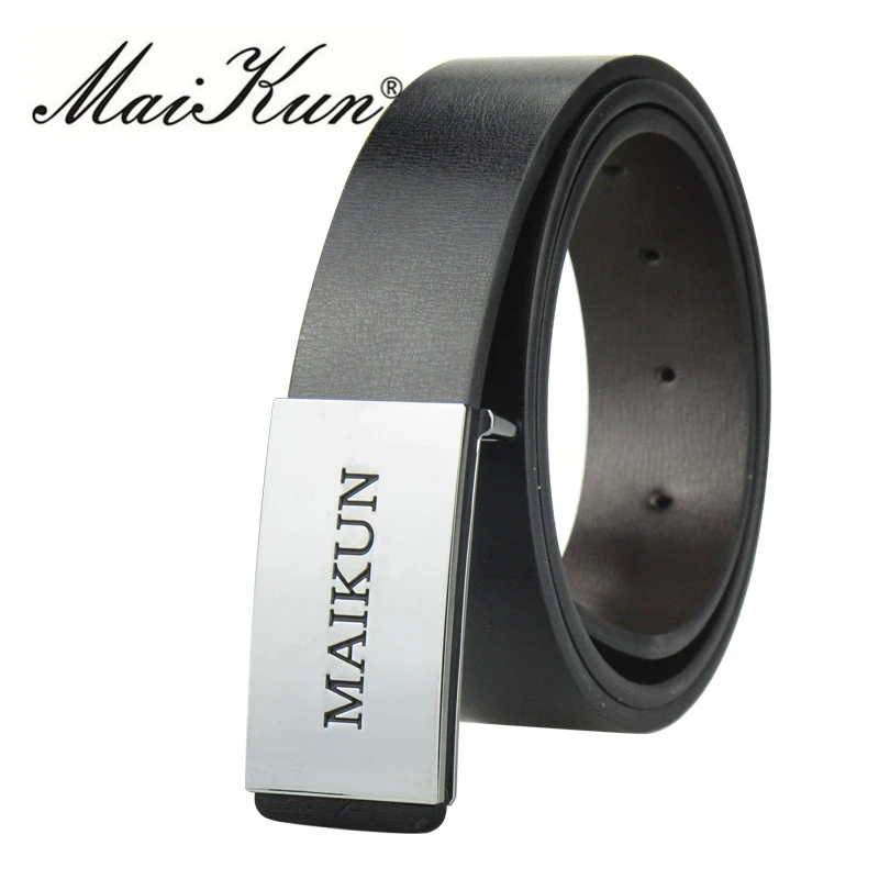 MAIKUN Black Leather Belts for Women Luxury Brand Designer Belts Men High Quality Jeans Belts Silver Smooth Buckle