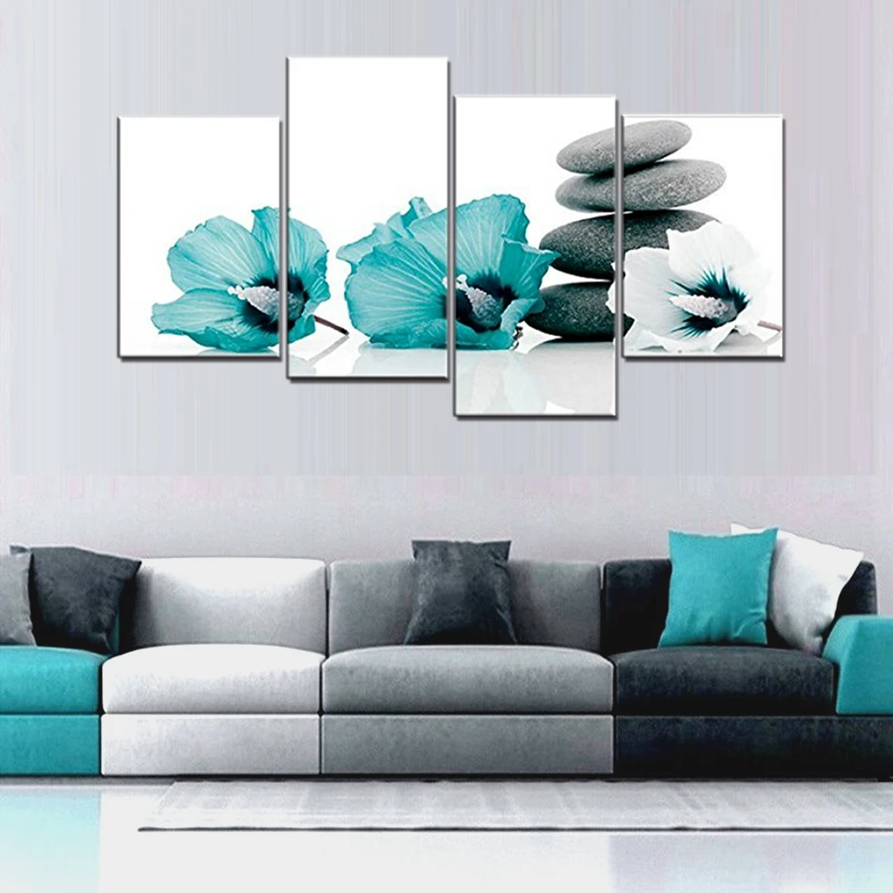 

Large Teal Grey and White Lily Floral Canvas Wall Art Pictures for Bedroom Wall Decor Flower Prints Multi Dining Room Dropship