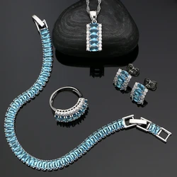 925 Sterling Silver Jewelry Sets Sky Blue Stones White Cubic Zirconia Stud Earrings Pendant Ring Bracelet Necklace Sets