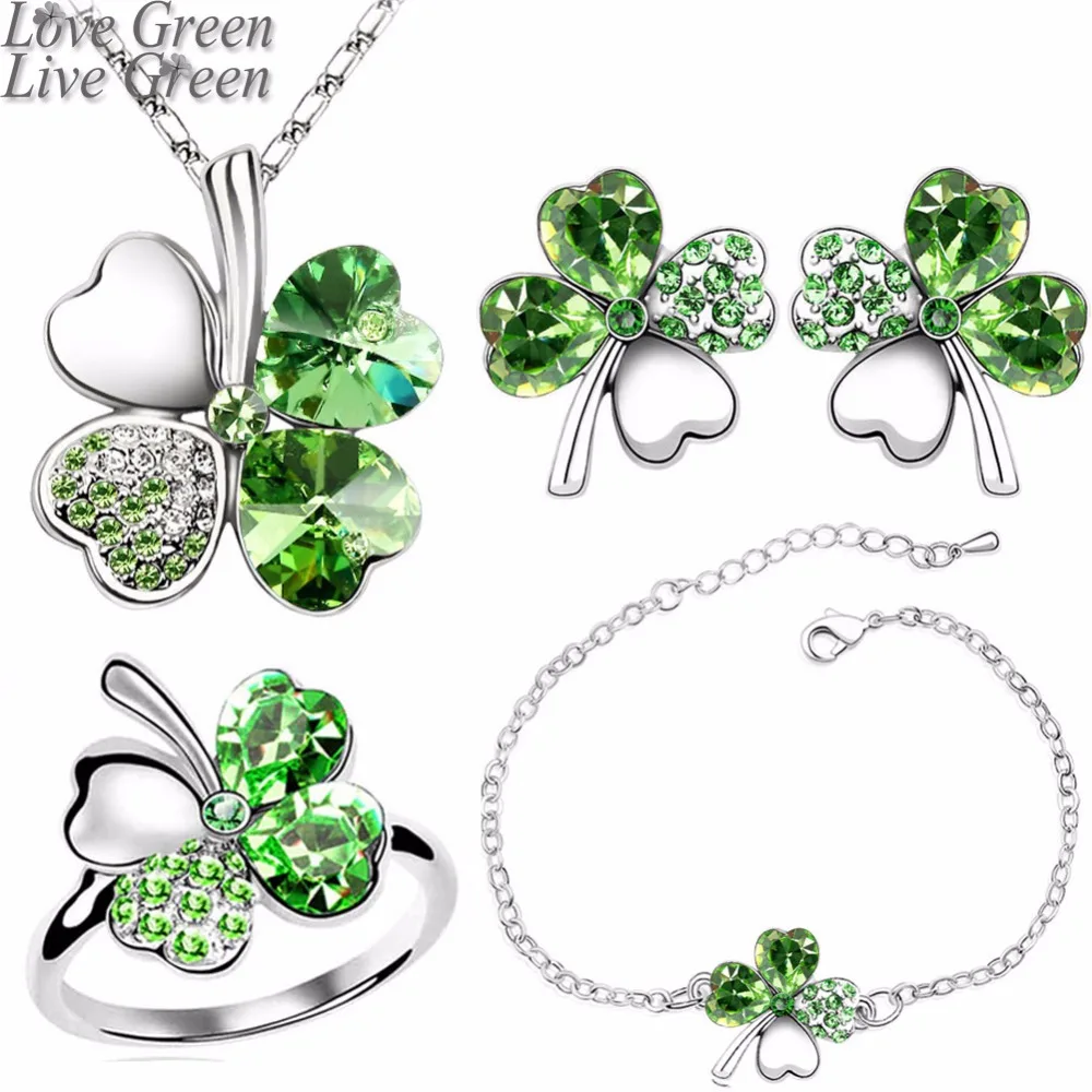 Brand Wedding Crystal Clover 4 Leaf Heart Pendant Fashion Necklace Earrings Bracelet Rings Jewelry Sets