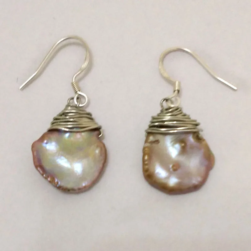 4 inches 925 Sterling Silver Natural Lavender Drop Keshi Baroque Pearl Earring