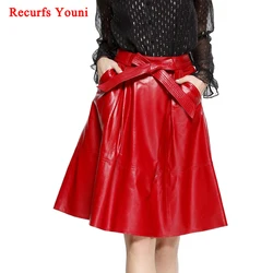 2023 Winter Female Genuie Leather Midi Skirt Lady Street Saia Bow Belt Retro Vase Big Red/Blue Faldas Girls Pleated Jupe Faldas