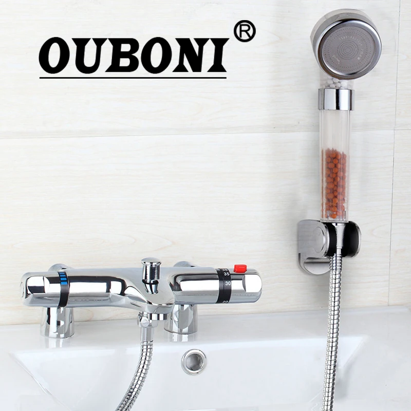 

OUBONI Wall Mounted Thermostatic Faucets Chrome Bathtub Sink Thermostatic Mixer Taps Basin Faucet Set Cold & Hot Mixer