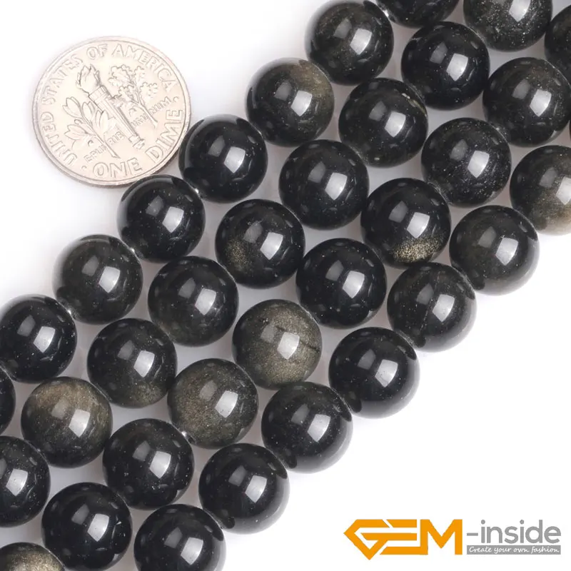 1.5mm-2mm Big Hole Natural 6mm 8mm 10mm12mm Round Golden Black Obsidian Stone Loose Beads For Jewelry Making 15\