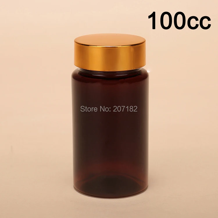 (100PCS/Lot) 100CC Amber Color PET Bottle, Medicine Bottle, Capsule Bottle, TOP GRADE Plastic Tablet Bottle with Golden Cover