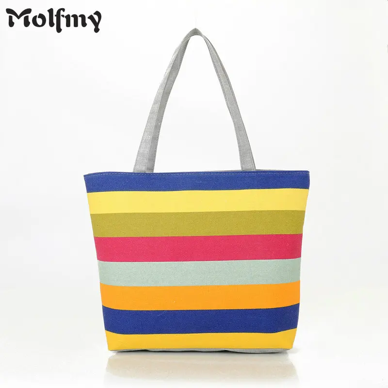 Molmfy Canvas Shopper Bag Striped Rainbow Prints Beach Bags Tote Women Ladies Girls Shoulder bag Casual Shopping Handbag