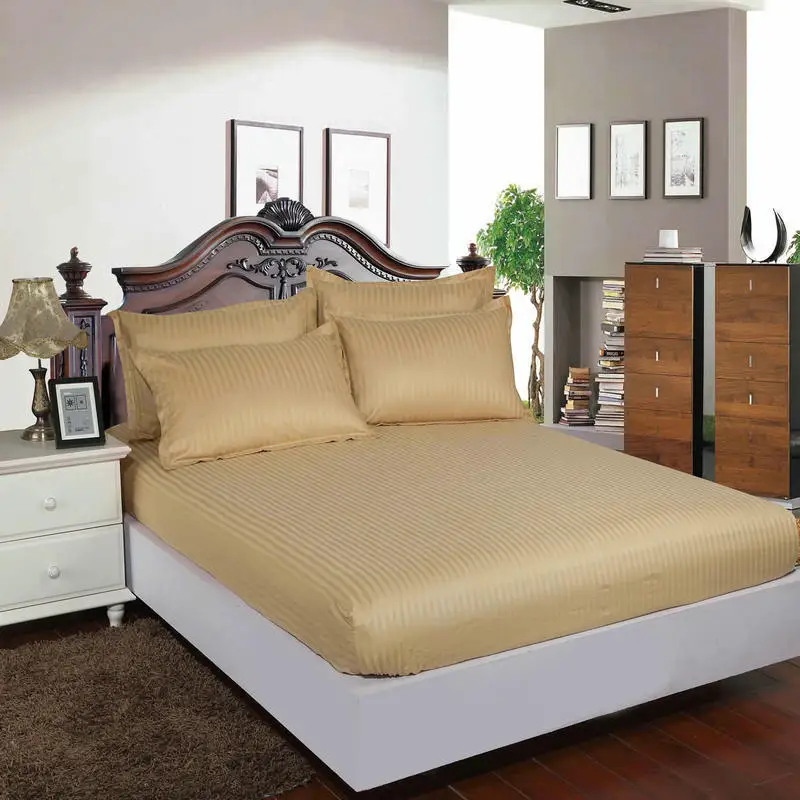 Hotel 100% Cotton Satin Fitted Bed sheet Stripe Mattress Cover Four Corners With Elastic Band 12 Colors