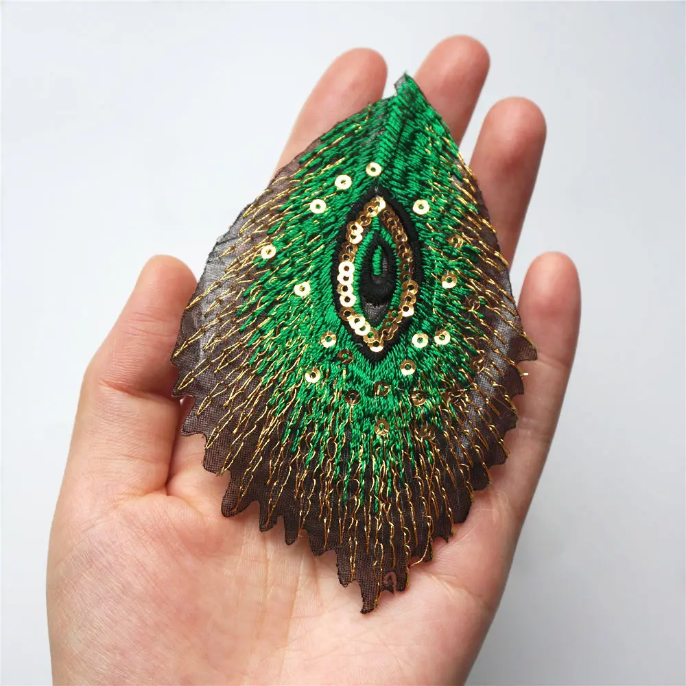 10PCS Green Peacock Feathers Phoenix Sequined Mesh Embroidered Sew Iron On Patches Badges For Dress DIY Appliques Decoration