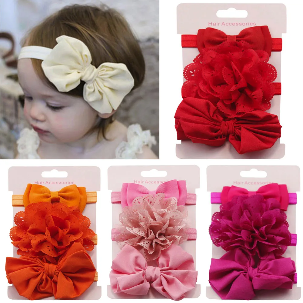 

Nishine 3pcs/lot Kids Elastic Floral Headband Girls Baby Kawaii Bowknot Solid Color for Children Hair Turban Headwear Set