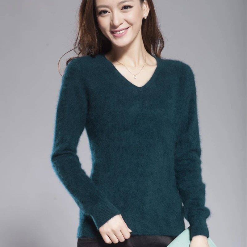 

2023 Autumn Winter Women's V-neck 100% Mink Cashmere Sweaters And Pullover Soft Warm Sweaters Female Knitted Basic Sweater