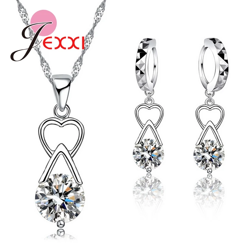 

Elegant Bijoux 925 Sterling Silver CZ Crystal Heart Necklace +Earrings Women Bride Wedding Jewelry Set Collar Accessories