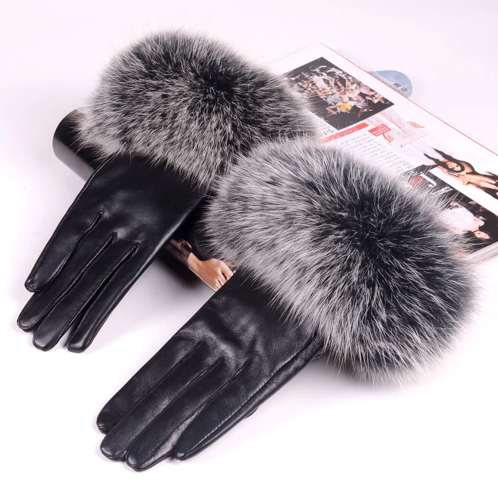 Women\'s Ladies Girls Winter Warm 100%  Real Fox Fur with Real Leather Lambskin Fashion Elegant Cute Gloves