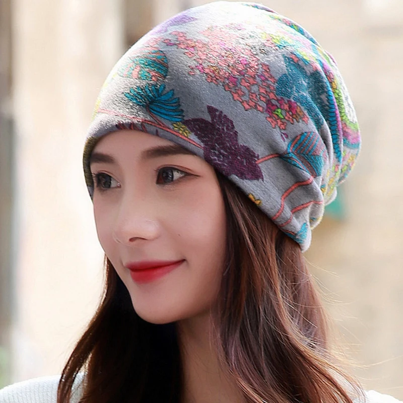 LongKeeper New Women Hat Polyester Adult Casual Floral Women\'s Hats Spring Autumn Female Cap Scarf 3 Colors Fashion Beanies