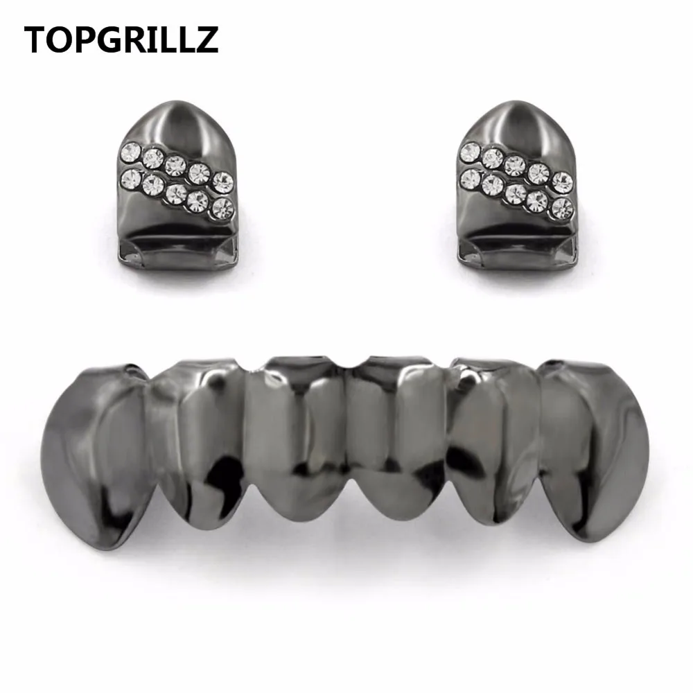 TOPGRILLZ Hip Hop Grillz Yellow Gold Color Plated  2 Single Top Teeth Grillz Caps With CZ Stone Tooth Grills & Classic Bottom