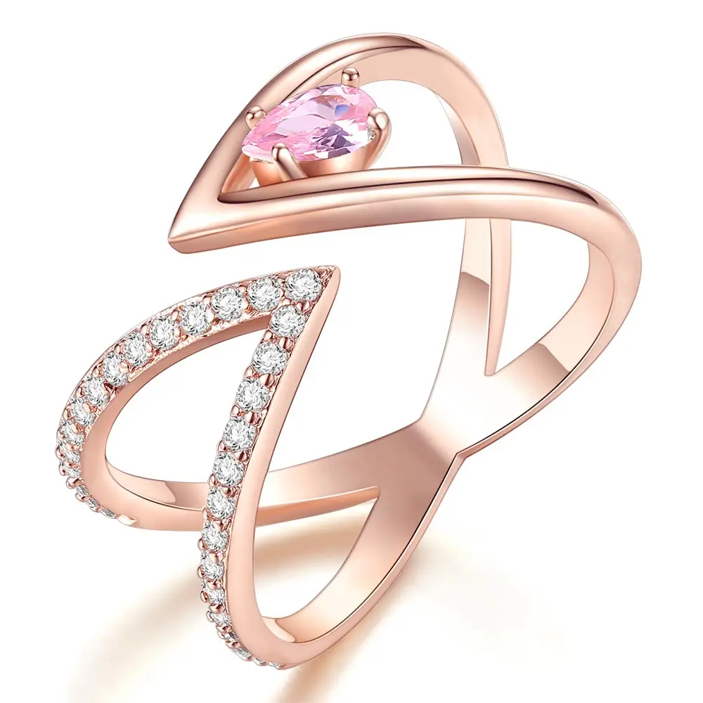 Beiver Rose Gold Color AAA+ Cubic Zircon CZ Cluster V Letter Open Size Finger Ring