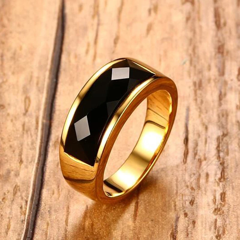 Meaeguet Cool Men Rings Stainless Steel Black Rhombic Cut Stone Rings Wedding Band Bague Homme 8MM Wide