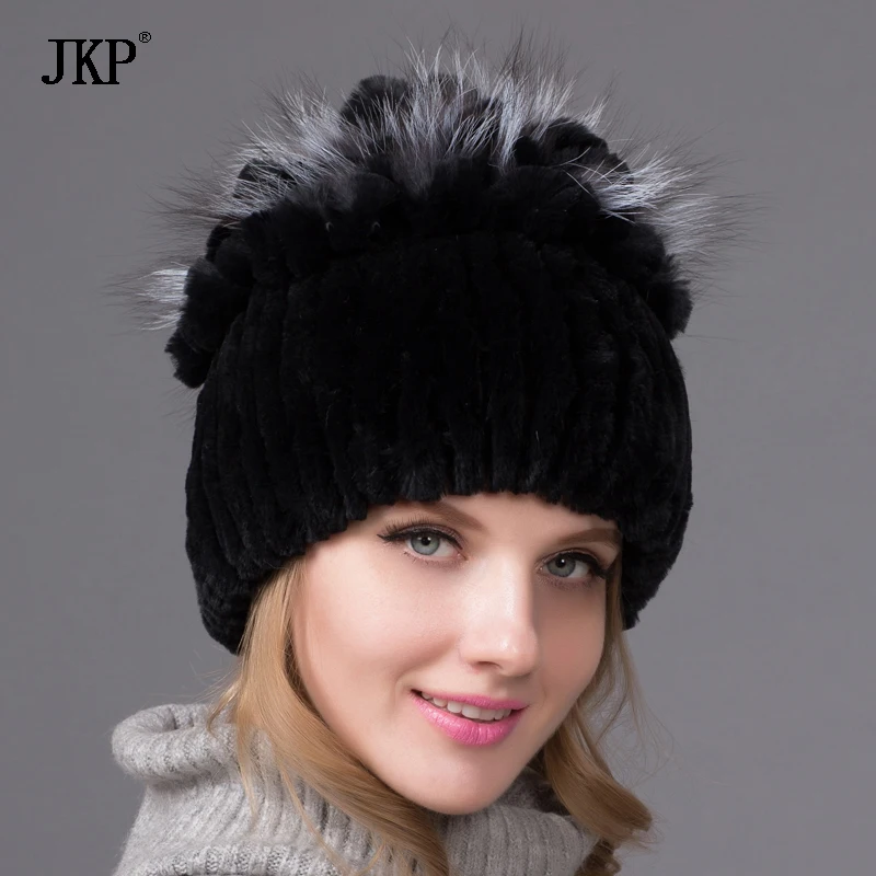 Fashion Women Winter Natural Real Rex Rabbit Fur Hat Feather Fox Knitted Hedging Cap Female 2024 New Shelves THY-10