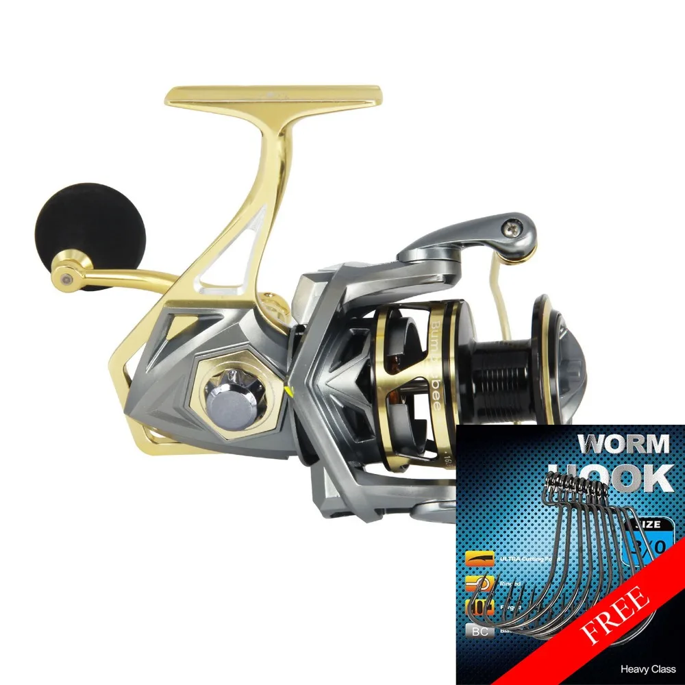 BUMBLEBEE Waterproof Spinning Reel 5.2:1 Aluminum Spool Saltwater Fishing Reel 2500-5000 Series & Free Worm Hook