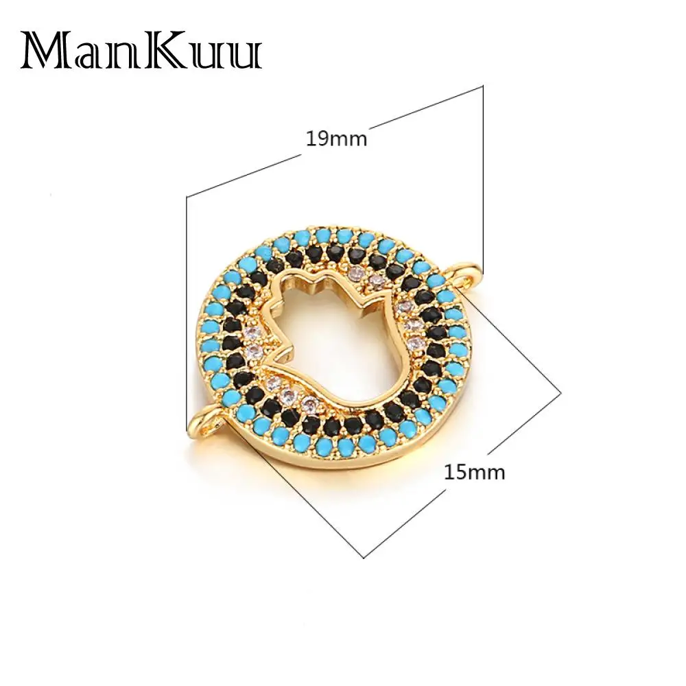 Mankuu Cubic Zircon Hamsa Hand Connectors Gold Plating Hollow Round Black Blue Rhinestone Connectors Charms For Jewelry Making