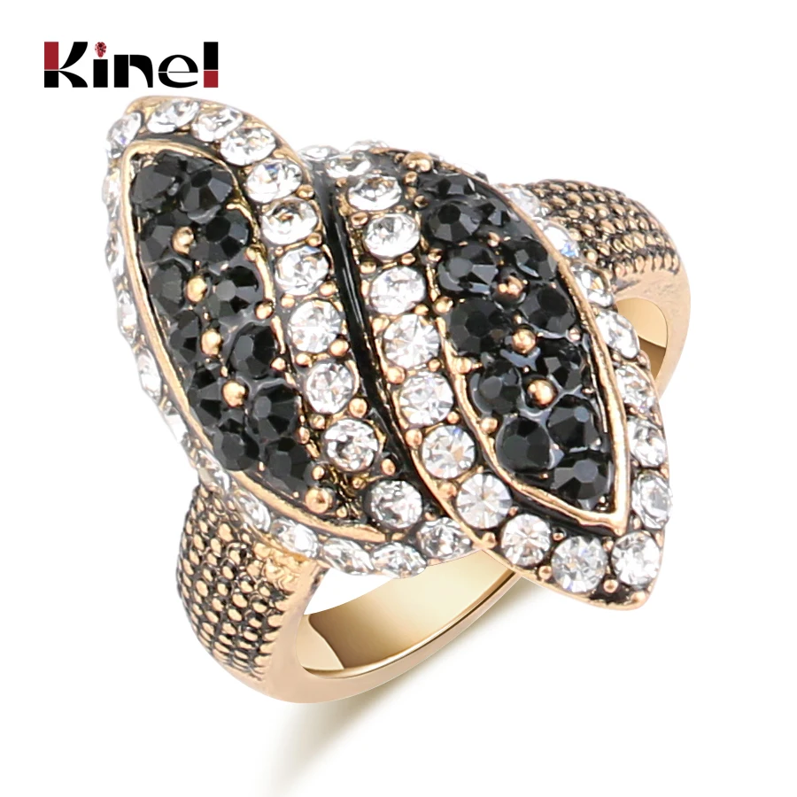 Kinel Luxury Black And White Crystal Rings For Women Color Antique Gold Fashion Vintage Wedding Ring Party Gift