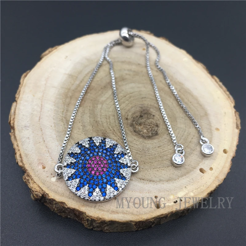 MY1208 Round Sun Flower shape Micro Paved Cubic Zirconia Adjustable Silver Plated Chain Bracelet or Woman Jewelry Free Shipping