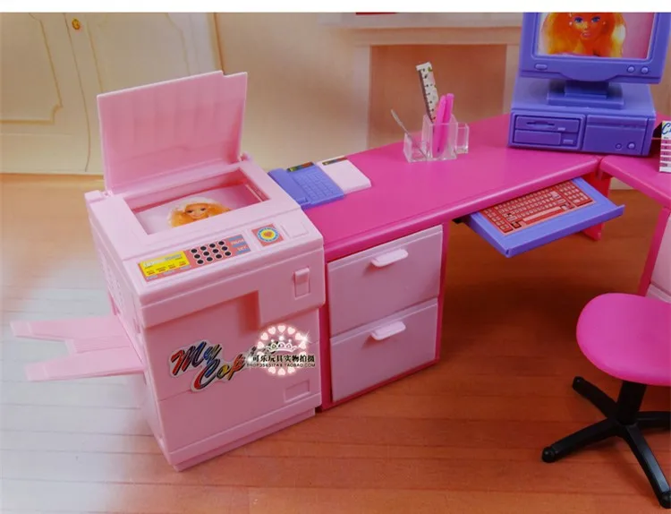 DIY office computer desk combination copier play set for barbie doll, doll house furniture doll accessories for barbie