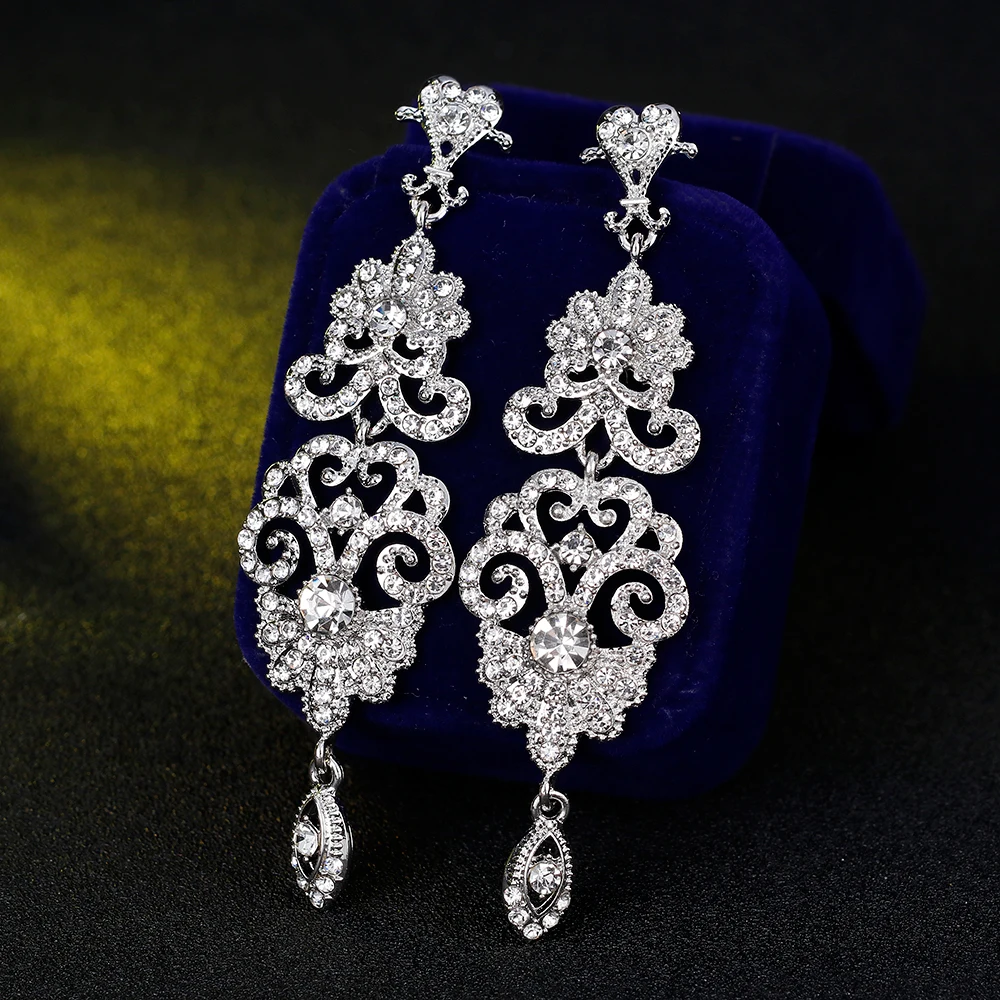 BLIJERY Luxury Chandelier Earrings for Women Silver Color Rhinestone Crystal Floral Bridal Long Earrings Bridal Wedding Jewelry